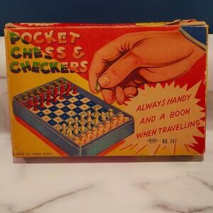 Vintage Pocket Chess Game & Checkers #747 In Box Made in Hong Kong—Nice Shape